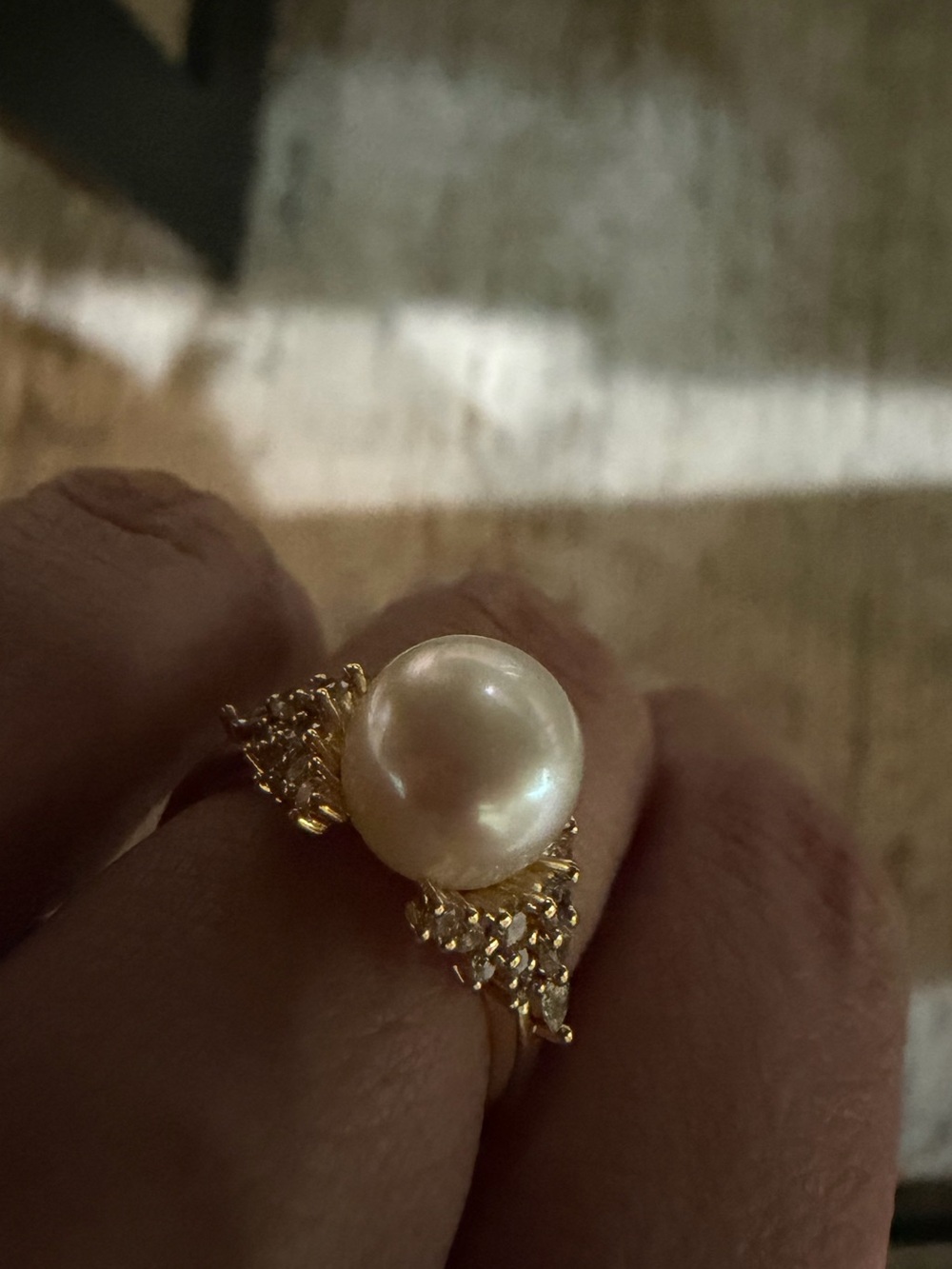 18k Gold Plated Natural Pearl Ring with White Champagne Pearl and CZ Accents